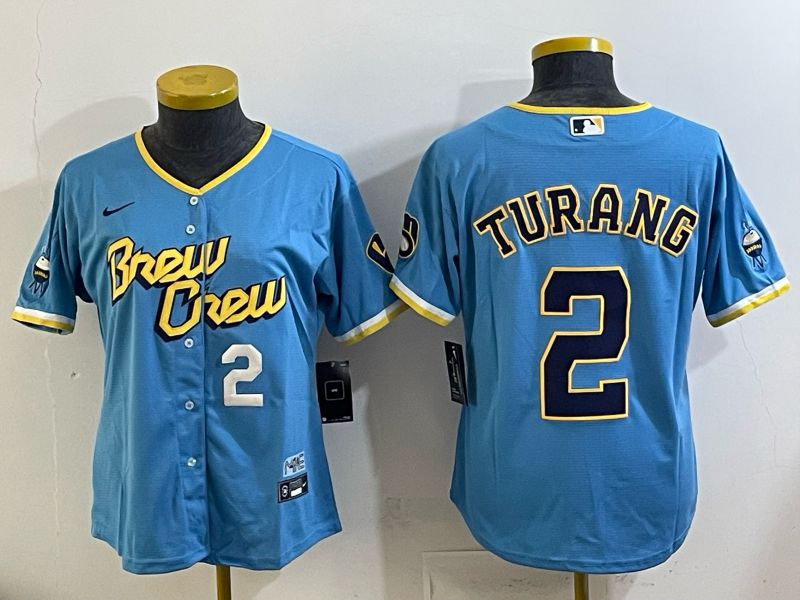 Women 2025 Milwaukee Brewers #2 Turang Light blue City Edition Nike MLB Jersey 07->women mlb jersey->Women Jersey
